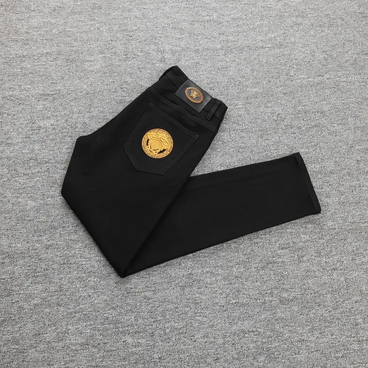 [808] 2024新款春秋季弹力纯黑牛仔裤重工刺绣轻奢男士修身小脚裤