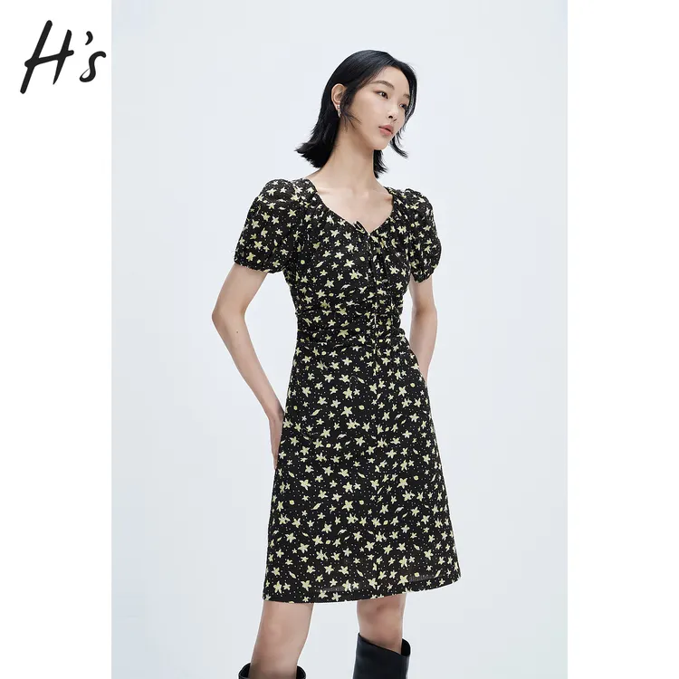 【连衣裙专场】HS法式复古碎花裙夏季新款女装皱褶收腰泡泡袖连衣裙