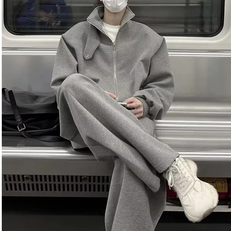 春秋慵懒风立领开衫卫衣套装男士潮牌运动套装阔腿拖地长裤时尚潮