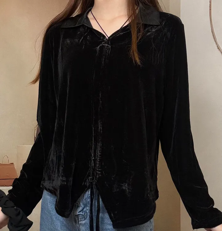 【萤锦】时尚秋冬显瘦修身新款长袖丝丝绒气质打底小衫衬衫黑色上衣