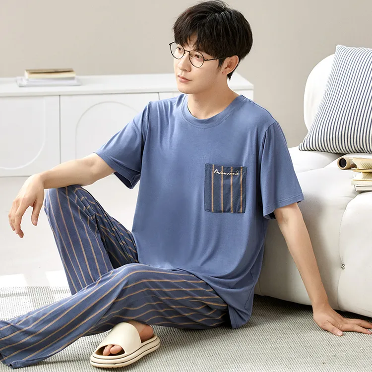 男士睡衣夏季圆领短袖长裤休闲夏天薄款莫代尔套头韩版家居服套装