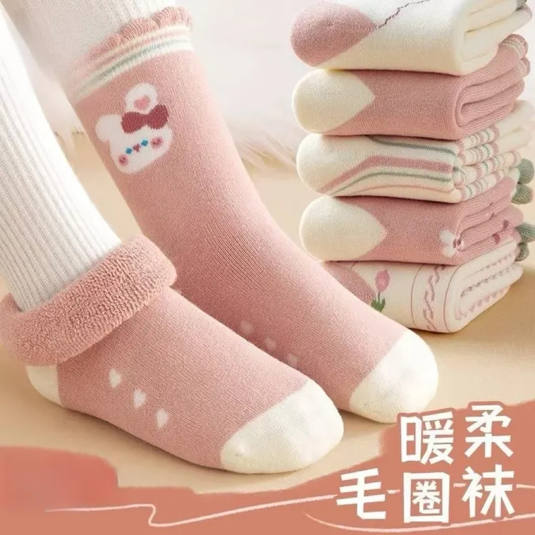 儿童袜子冬季女童袜子加绒加厚毛圈袜宝宝冬天保暖中筒袜学生冬款