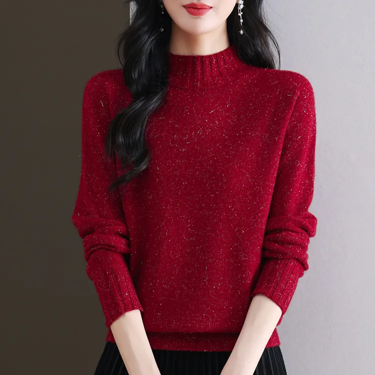 红色洋气亮丝设计针织羊毛衫女装秋冬半高领宽松时尚打底衫厚毛衣