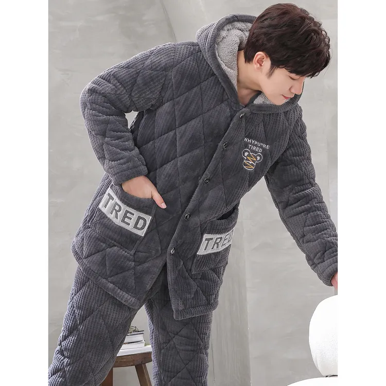 秋冬季男士睡衣珊瑚绒冬款加厚加绒保暖法兰绒三层夹棉家居服套装