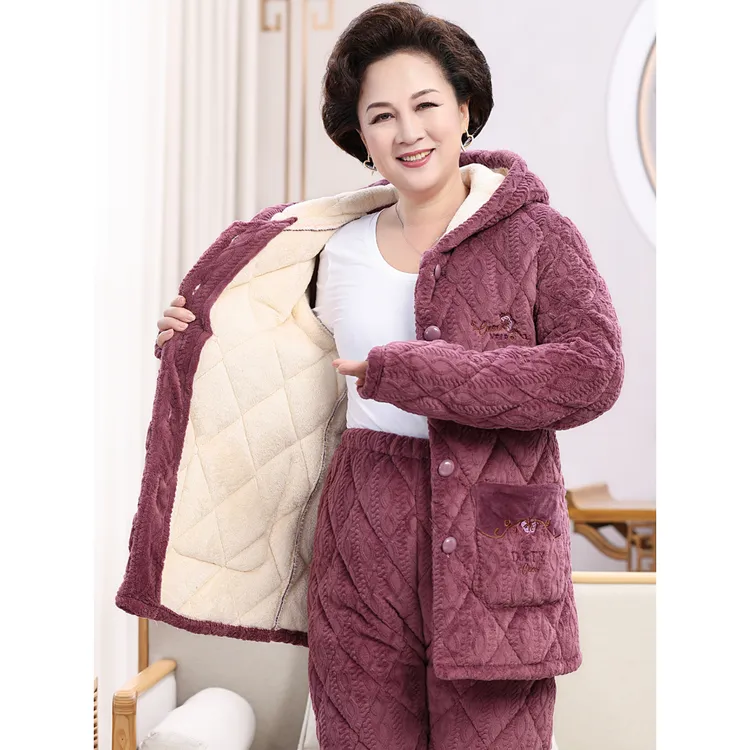 加厚加绒睡衣女冬季珊瑚绒夹棉中老年法兰绒妈妈家居服套装秋冬款