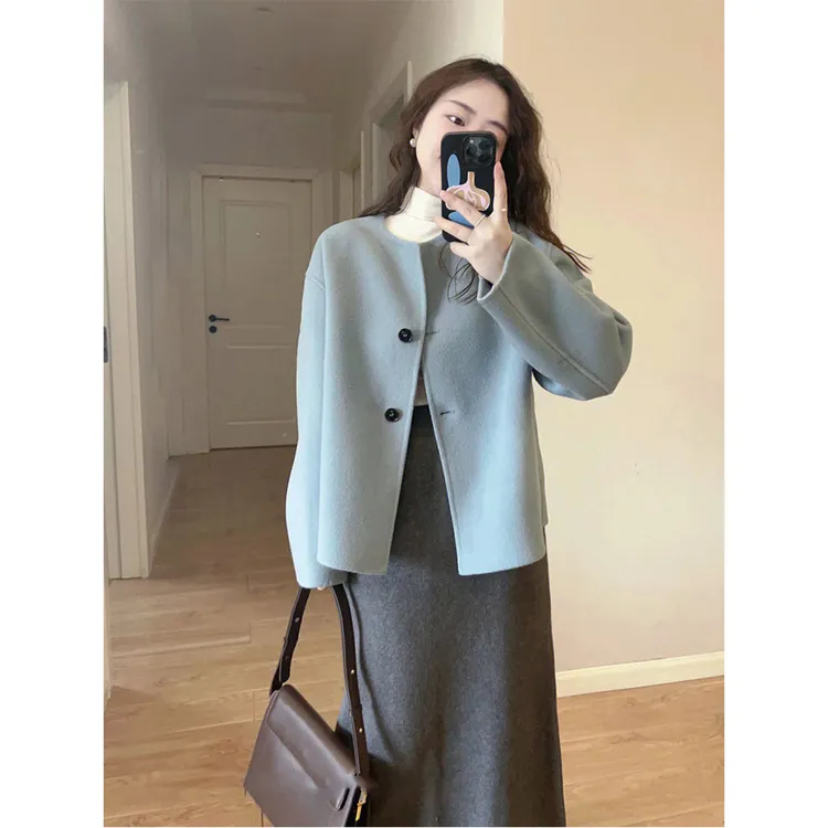 蓝色小香风毛呢外套女春秋2023新款爆款高级感温柔风独特别致上衣