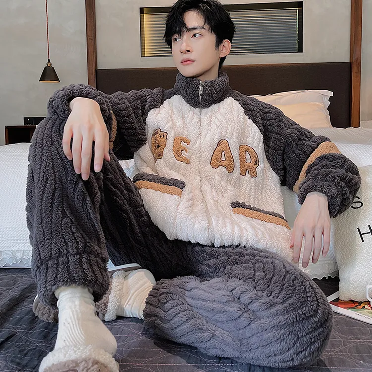 秋冬新款男士珊瑚绒睡衣加绒男生冬季长毛绒帅气大码家居服套装