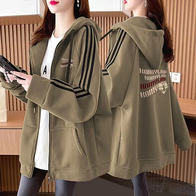 条纹拼接薄款纯棉连帽卫衣女春秋款外穿2024新款韩版大码上衣外套