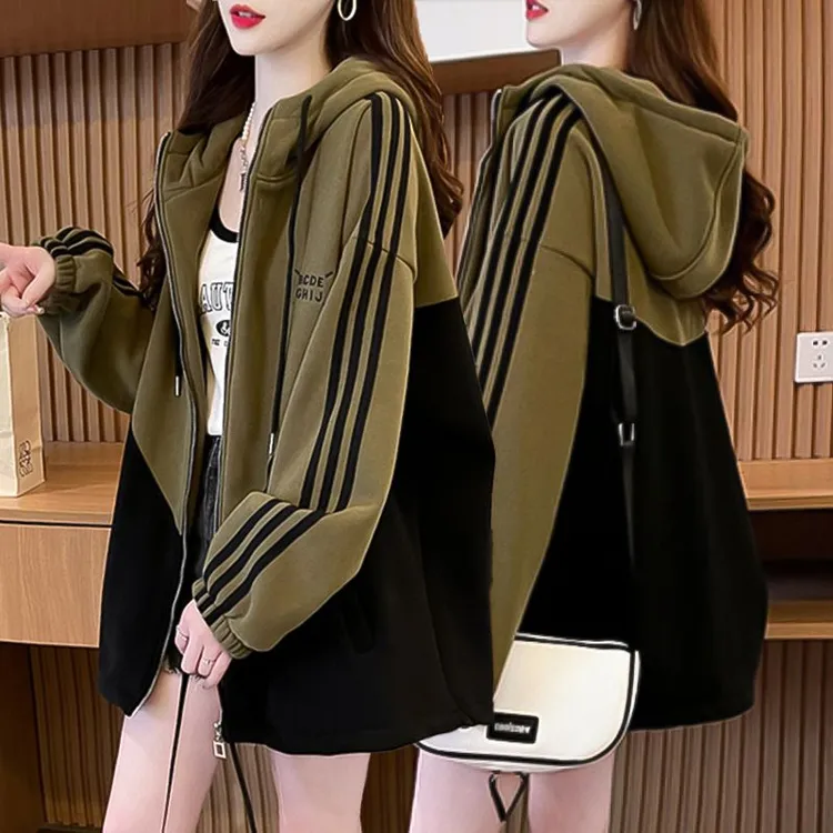 胖mm大码拼色条纹显瘦连帽开衫卫衣女春秋季新款韩版外穿上衣外套