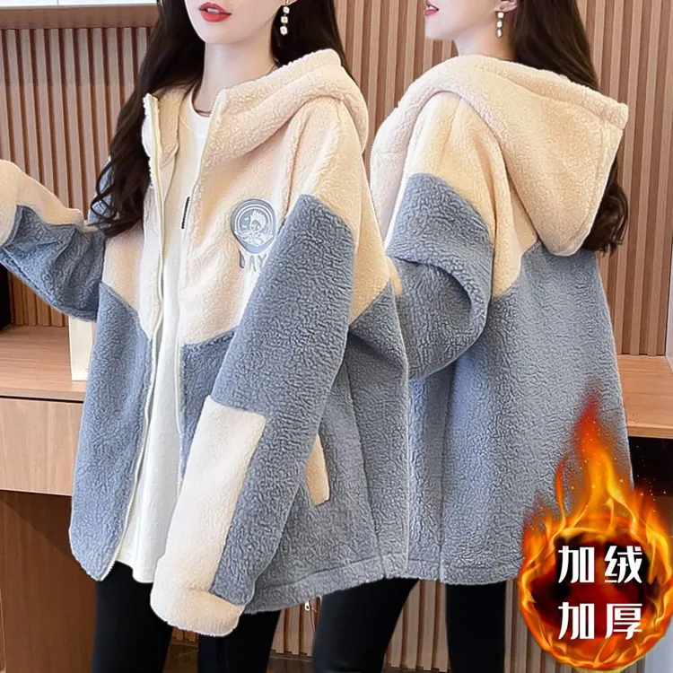 设计感网红拼色羊羔绒加厚冬季保暖连帽卫衣女韩版中长款上衣外套