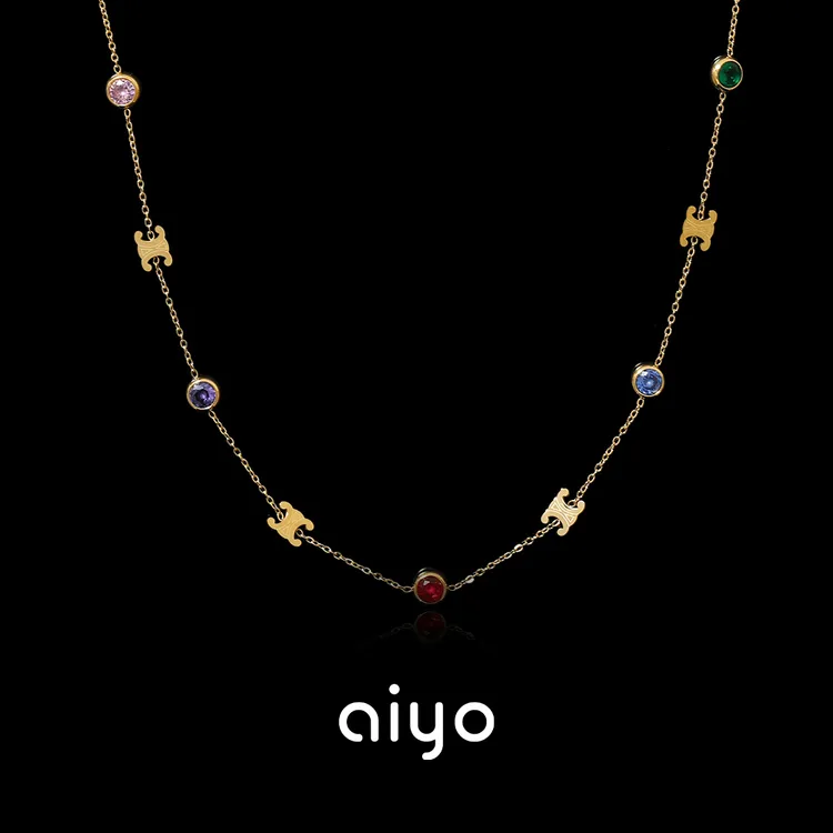 钛钢合成锆石项链 AIYO/轻奢系列复古彩色镶嵌项链