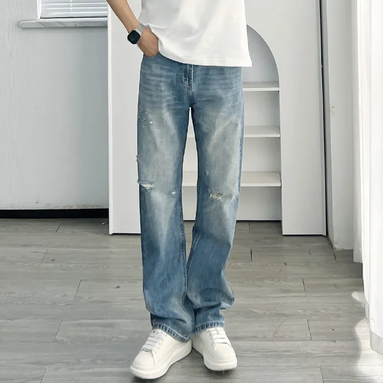 渣渣鹿2025膝盖破洞高街牛仔裤男士潮牌宽松复古直筒裤男裤子春秋