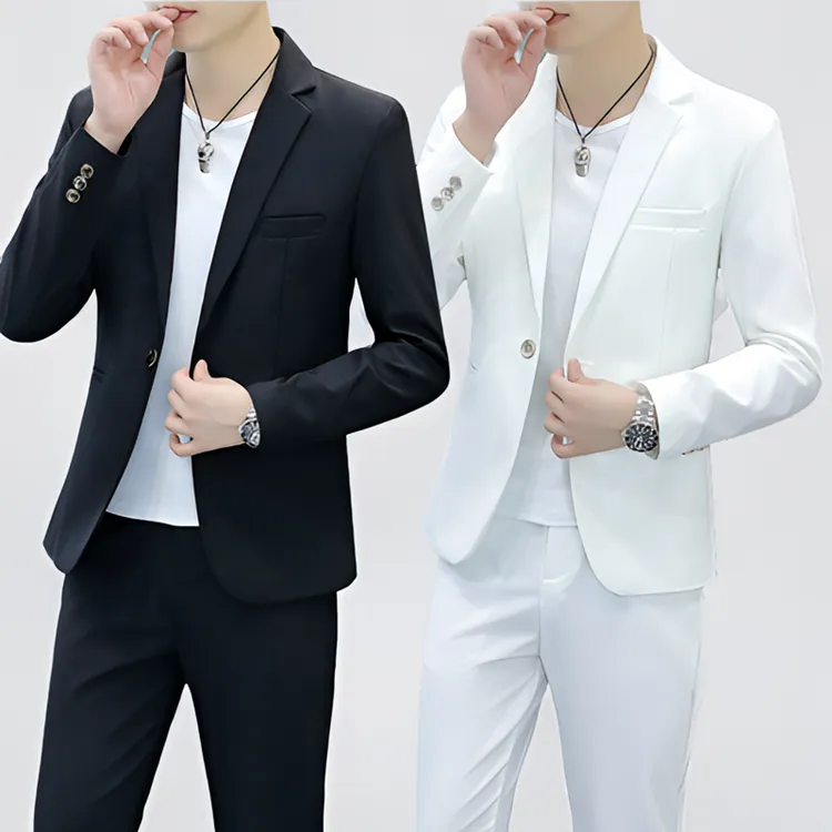 男士白色西服套装韩版修身一套薄款潮流帅气休闲纯色小西装外套