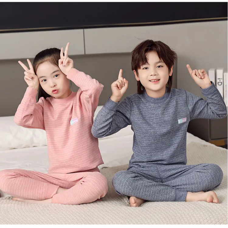 儿童羊毛蚕丝保暖内衣套装秋冬中大童男童女童条纹秋衣秋裤睡衣