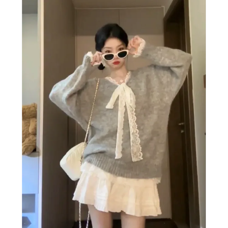 甜美·蕾丝系带拼接中长款针织衫女秋冬灰色宽松毛衣短裙套装