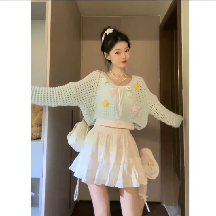 多巴胺星星镂空毛衣开衫女秋短款针织衫吊带蛋糕裙三件套