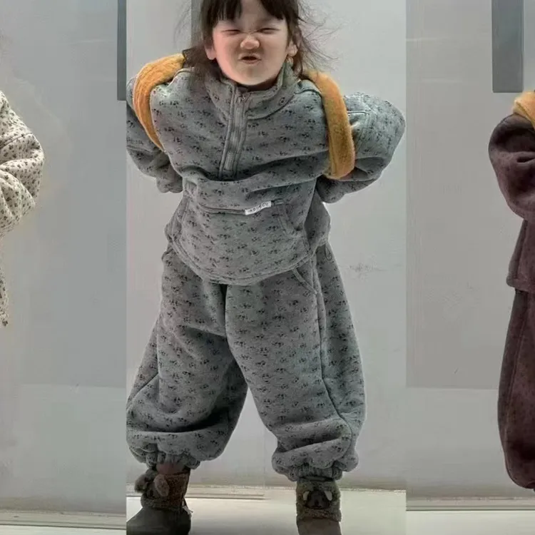 【加绒加厚】儿童男童女童碎花套装2024新款冬季洋气儿童卫衣两件套