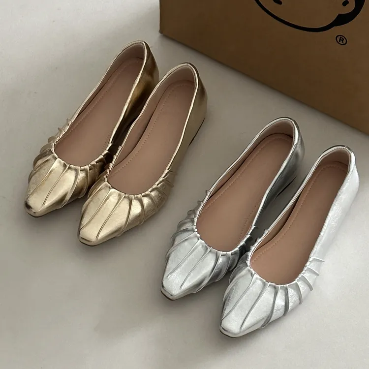 晚睡兰·内增高5cm2025春小众新款超软褶皱单鞋方尖头鞋女芭蕾舞鞋