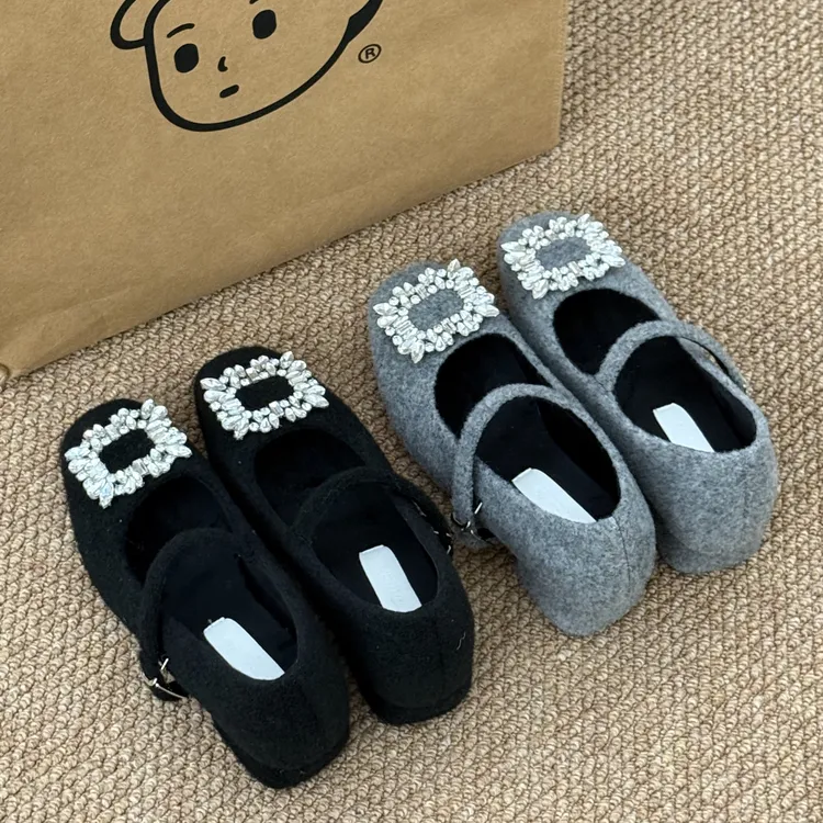 晚睡兰·内增高法式方头水钻毛毛鞋外穿芭蕾风温柔尖头玛丽珍鞋