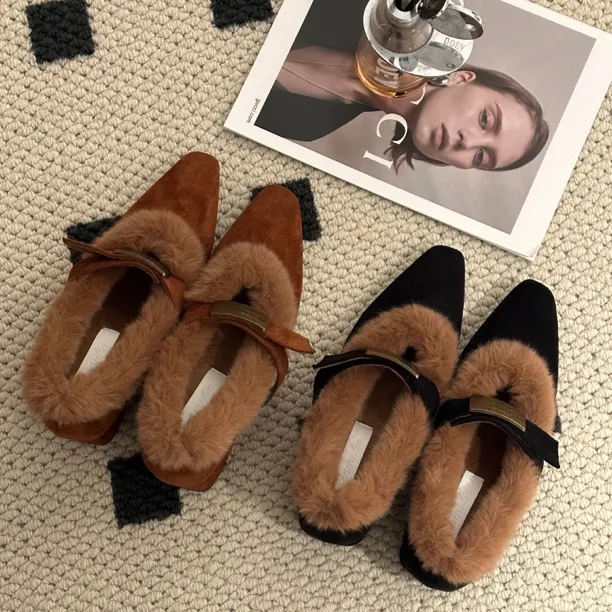 晚晚·内增高7cm小个子法式粗跟玛丽珍鞋秋冬尖头毛毛鞋加绒单鞋