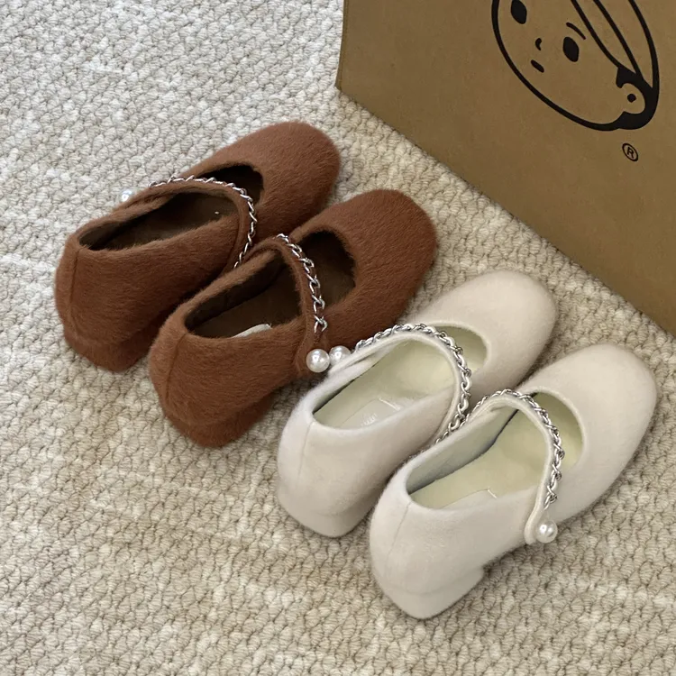 晚睡兰·内增高7cm法式粗跟玛丽珍鞋秋冬新款毛毛鞋外穿加绒单鞋女