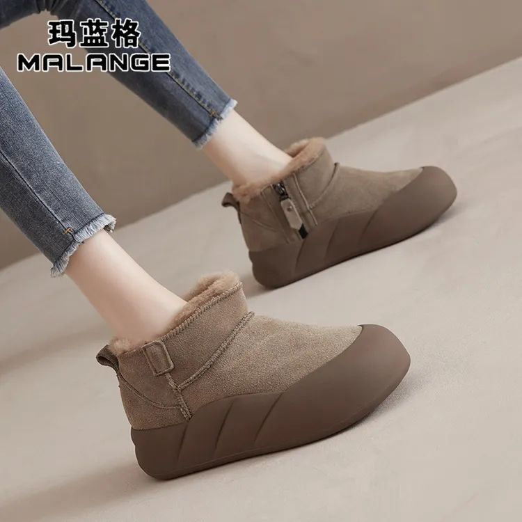 真皮增高雪地靴女2024冬季新款皮毛一体厚底短靴加绒加厚矮帮棉鞋