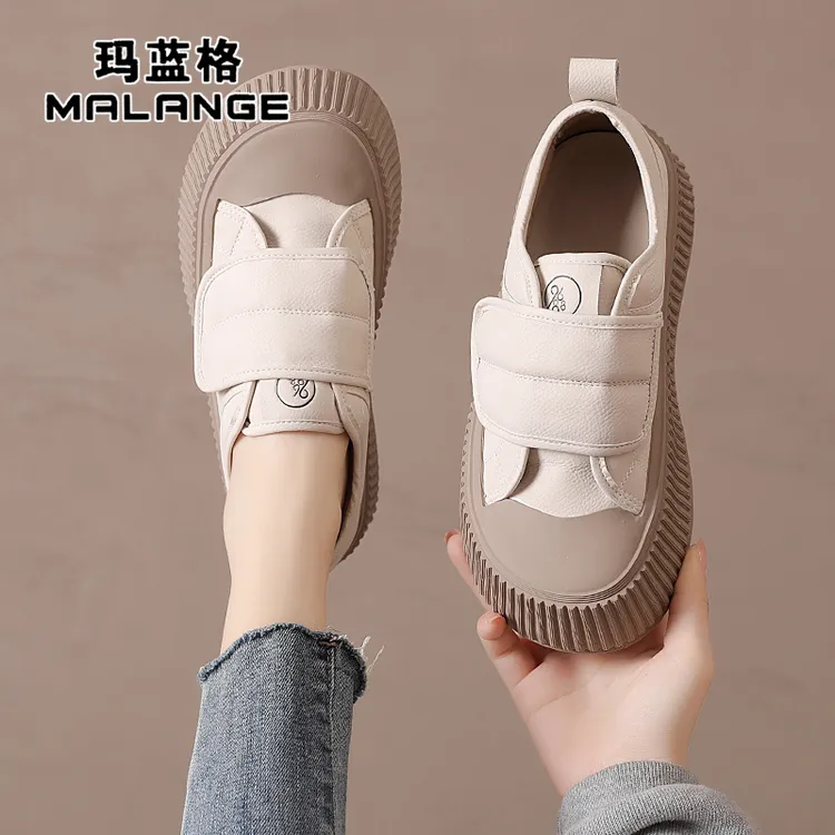 真皮厚底饼干鞋女2024秋季新款轻便板鞋百搭休闲魔术贴松糕小白鞋