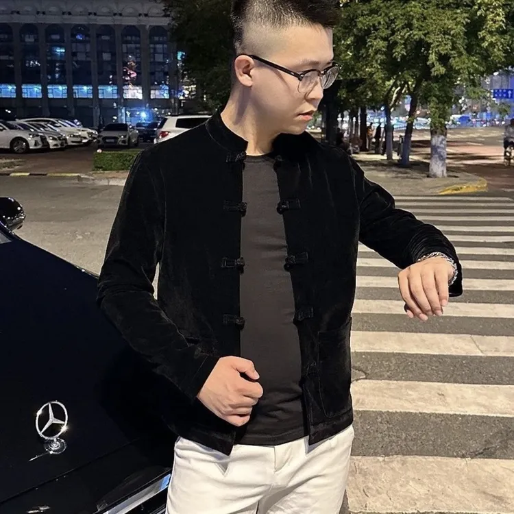 秋冬金丝绒唐装外套修身男士修身立领黑色夹克中国风盘扣夹克男