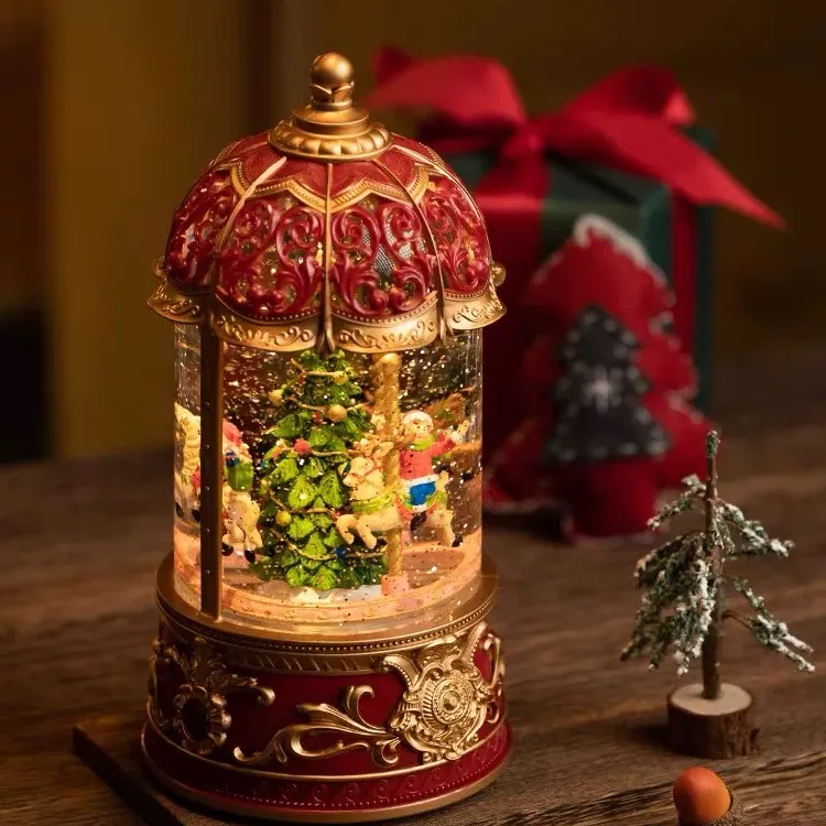 圣诞节旋转木马老人树音乐盒八音盒儿童女孩生日礼物飘下雪水晶球