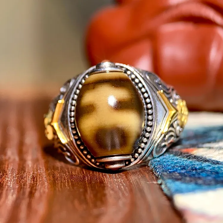 【吾柿古风】吉祥宝瓶手工台珠镶嵌风化老气925银活口戒指玛瑙男女