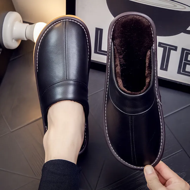 海宁冬季真皮拖鞋女居家情侣室内厚底防滑防水保暖家居棉拖鞋男士