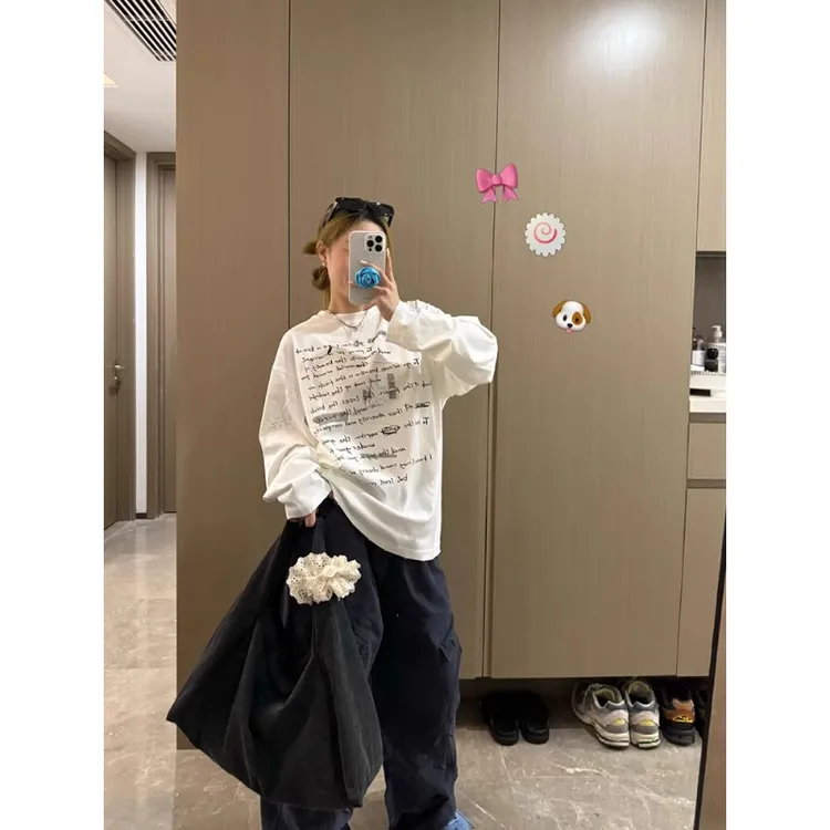 美式复古慵懒风长袖女春秋涂鸦字母oversize情侣圆领t恤纯棉上衣 