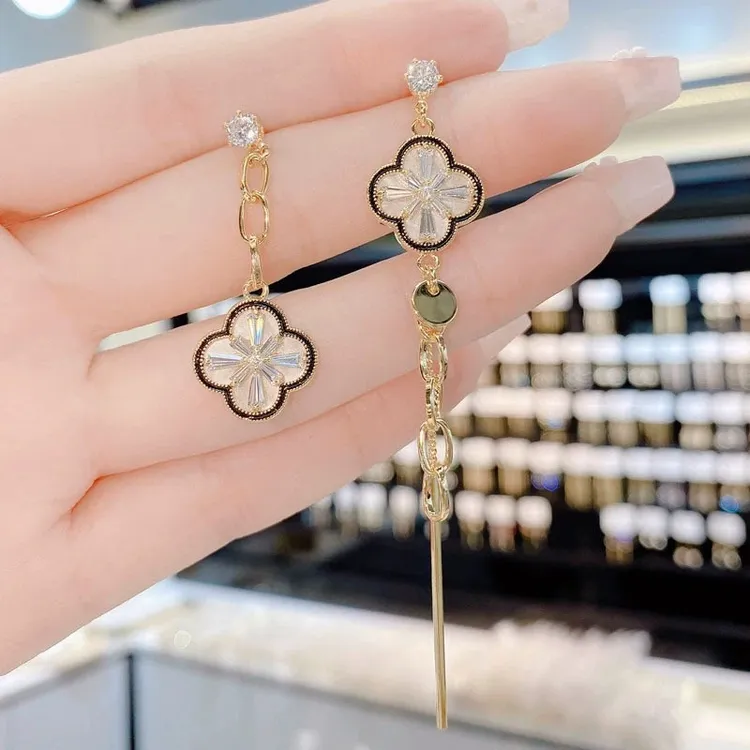 铜合金耳饰 东大门气质时尚超仙不对称四叶花长款流苏耳环女银针