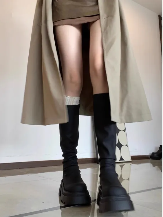  厚底加绒长靴女2024年秋冬显瘦高筒靴不过膝小个子骑士靴堆堆靴