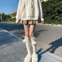 甜系少女奶米色毛球球平板磨毛过膝高筒袜显瘦长筒袜小腿袜子