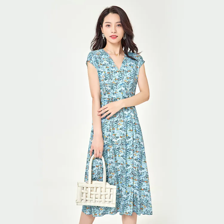 春竹25春夏季桑蚕丝气质V领减龄印花真丝女士连衣裙桑蚕丝连衣裙