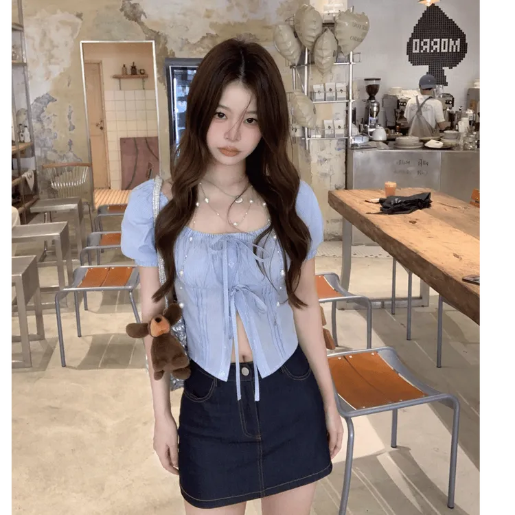 法式甜美气质条纹小衫收腰短款绑带衬衫女夏季新款泡泡袖设计上衣