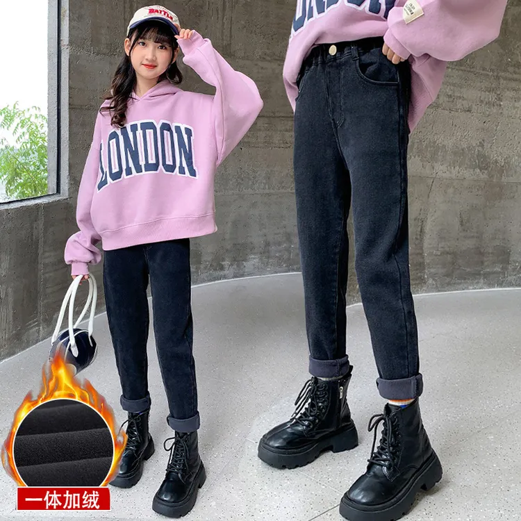女童加绒裤子秋冬2025新款儿童一体绒修身牛仔裤女大童黑色打底裤
