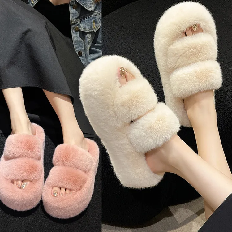 韩版防滑外穿保暖网红平底一字拖外穿毛绒女拖鞋冬季