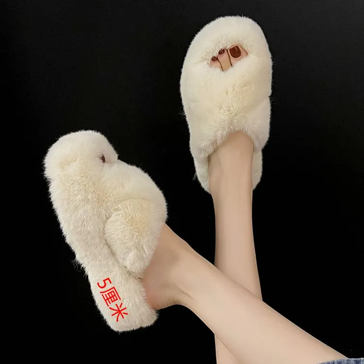 厚底毛毛拖鞋女网红秋冬外穿露趾可爱毛绒居家韩版一字棉拖鞋子女