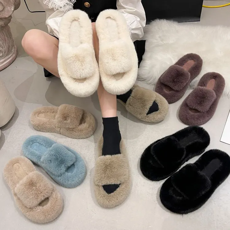 毛毛拖鞋女外穿防滑增高显瘦一字拖仙女风网红懒人踩屎感棉拖半拖