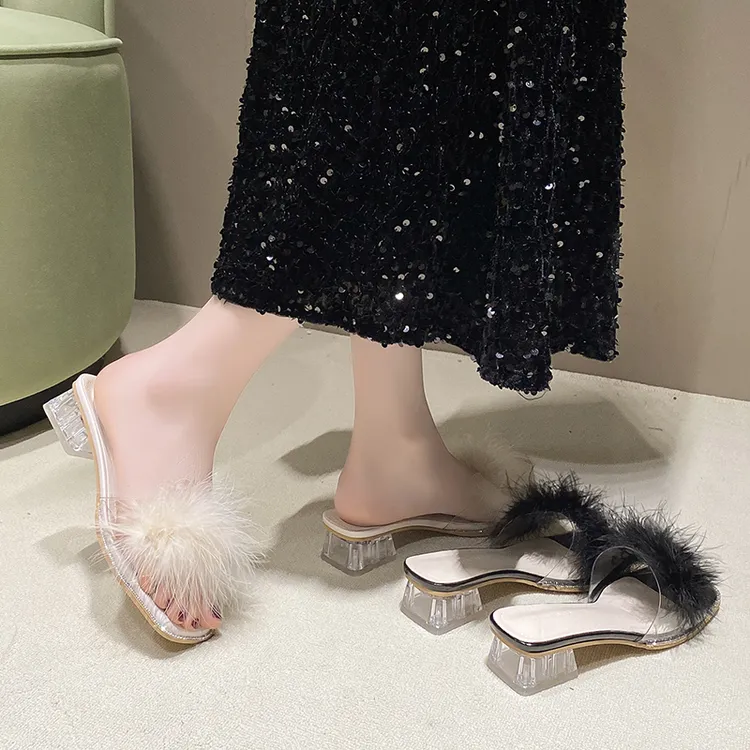 仙女风毛毛拖鞋女夏外穿2024年新款网红中跟粗跟时尚一字拖凉拖鞋