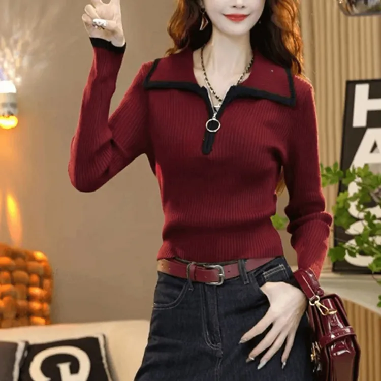 洋气时尚百搭撞色拼色针织衫毛衣女款2024款网红款长袖显瘦上衣潮