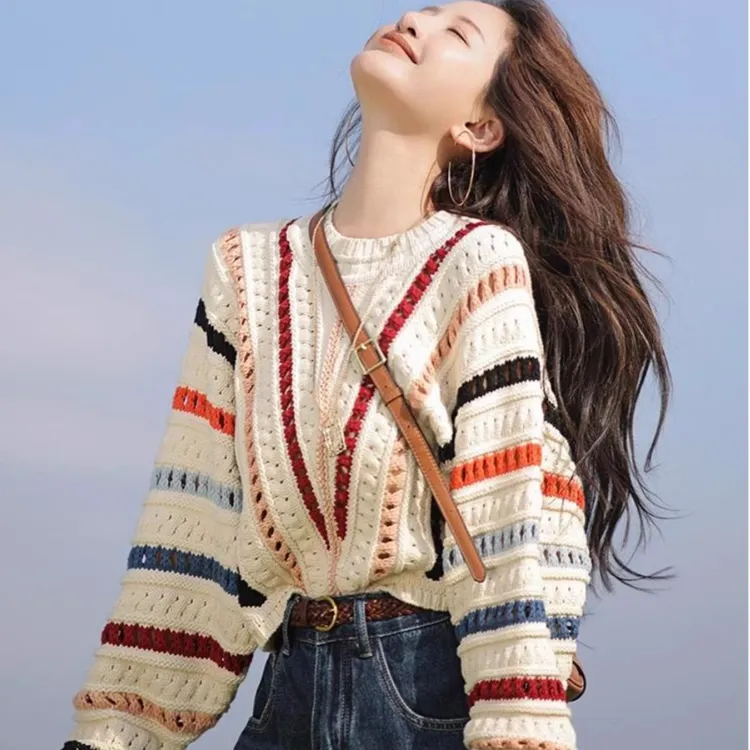 杨幂赵今麦明周也明星同款撞色钩花镂空短款针织衫女2025春秋新款