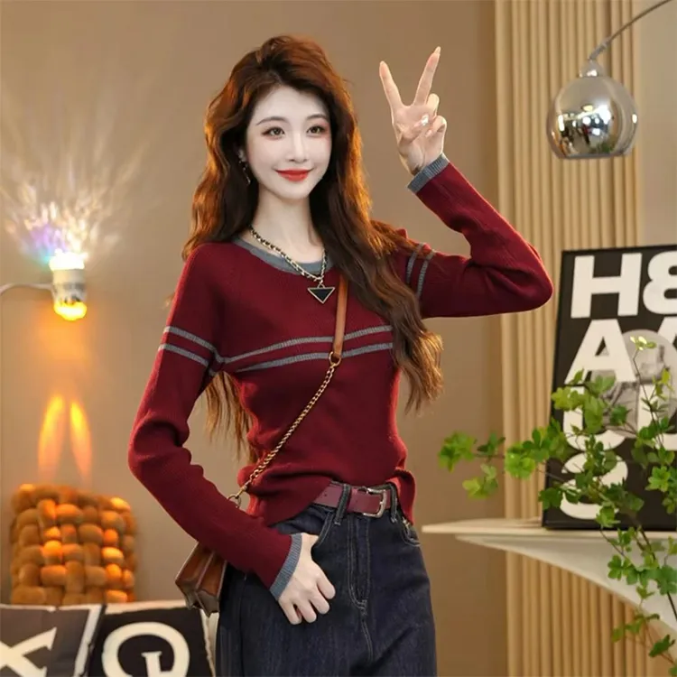 网红时尚百搭显瘦气质拼色撞色针织衫毛衣女秋季新款长袖套头上衣