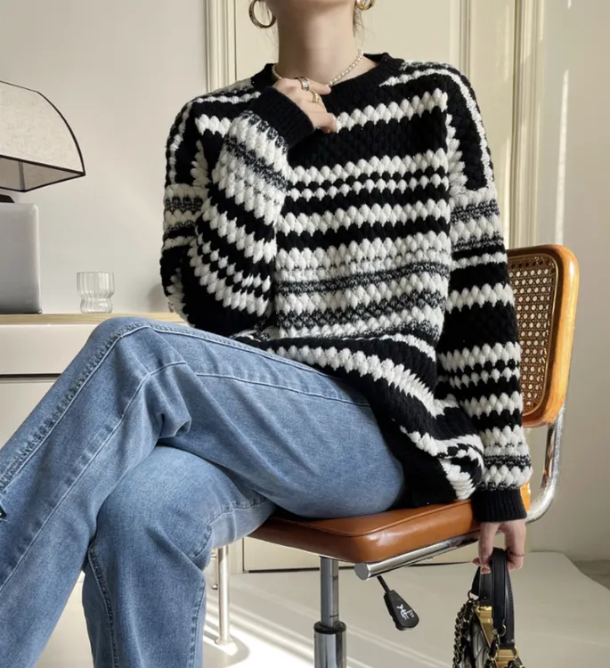 2024新款条纹套头大毛衣女秋冬宽松外穿oversize慵懒风上衣中长款