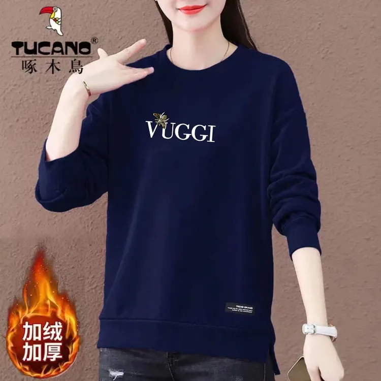 啄木鸟2024新款冬季宽松大码圆领开叉卫衣女加绒加厚印花外套上衣