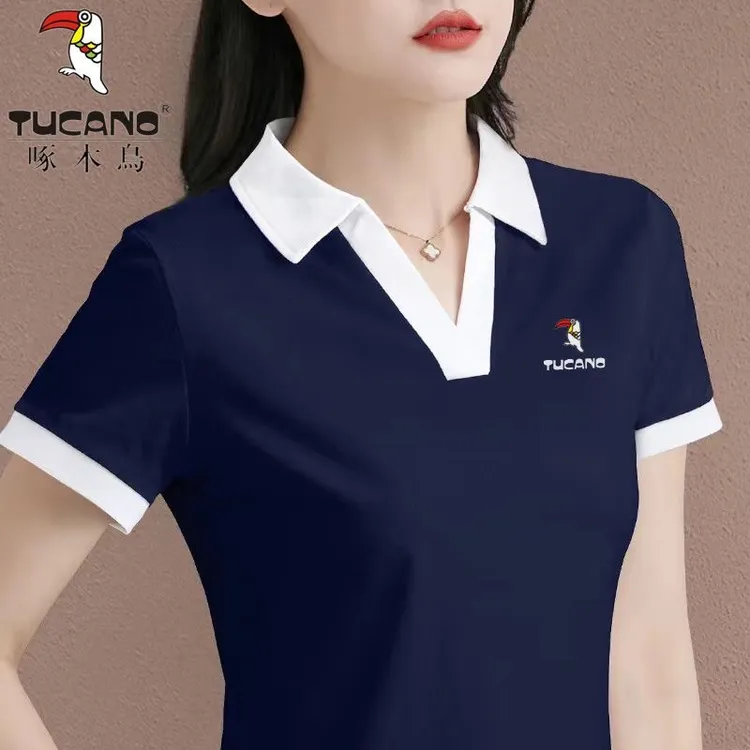 啄木鸟正品修身女装短袖t恤翻领polo衫2023夏季新款薄款时尚上衣