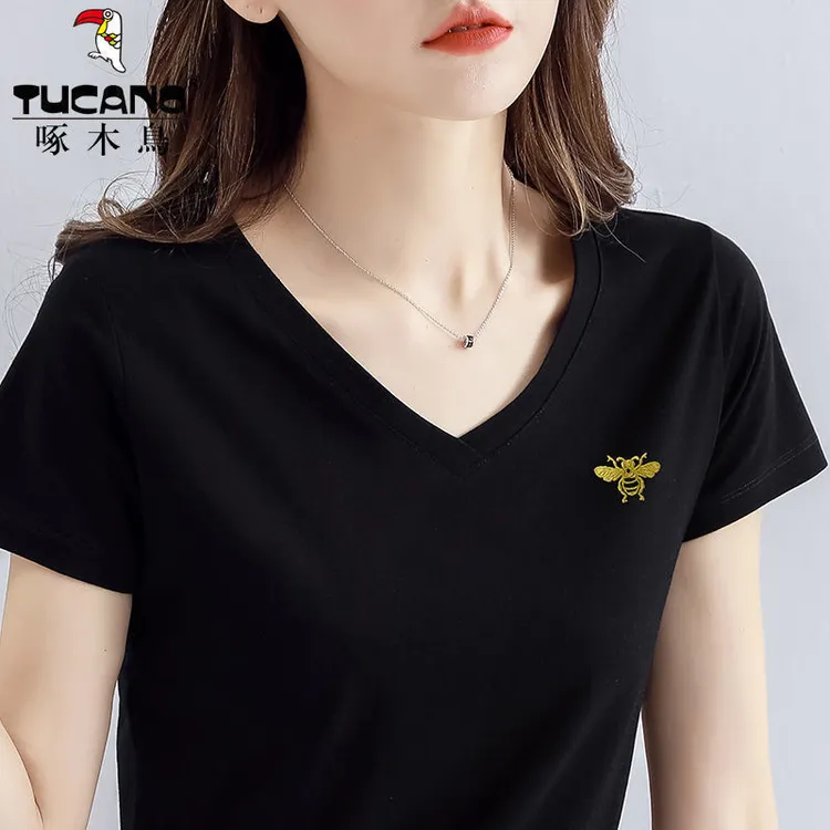 啄木鸟纯棉短袖t恤女装2023年新款潮夏季爆款V领百搭气质半袖上衣