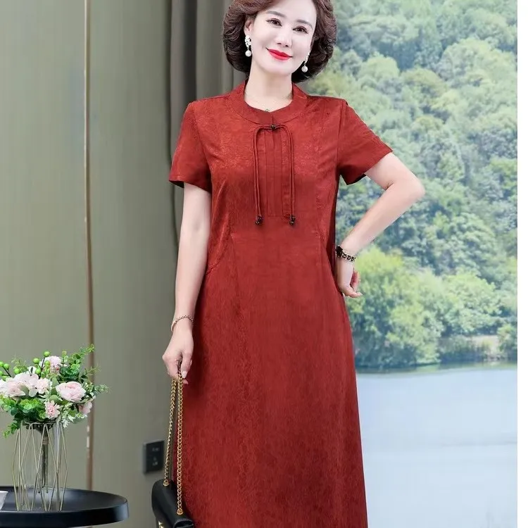 中老年夏季2023年新款双面提花中长款连衣裙
